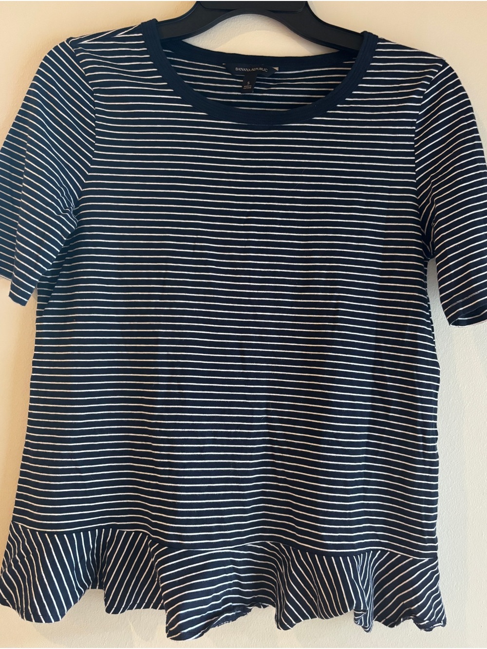 Banana Republic Navy and White Striped Short-Sleeve Ruffle-Hem Tee - Small